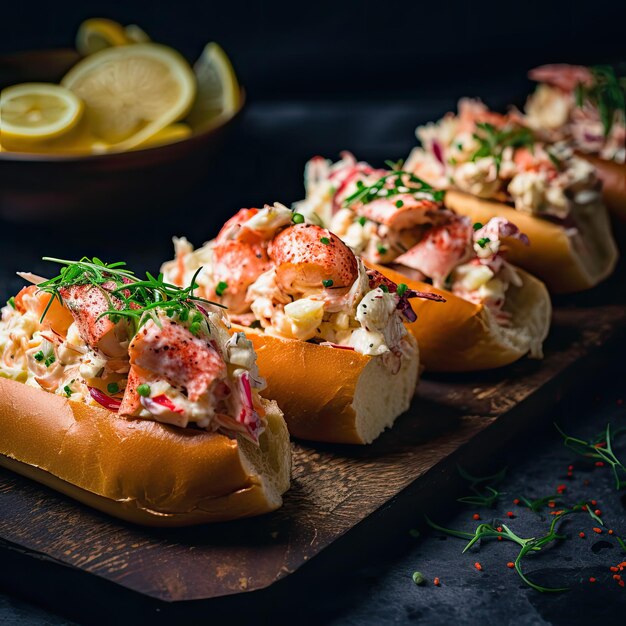 a row of sandwiches with shrimp and lemon slices on a table