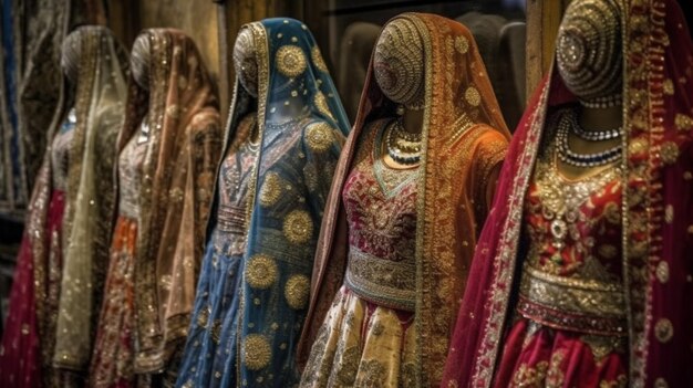 A row of saris on display in a shop.