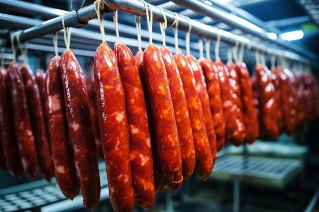 Ряд колбас, висящих на стойке, промышленное производство колбас и мяса на современном заводе. Курение колбас и мясных продуктов.
