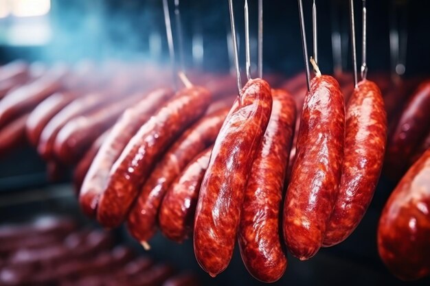 A row of sausages hanging from a rack industrial production of sausage and meat in a modern plant smoking of sausages and meat products