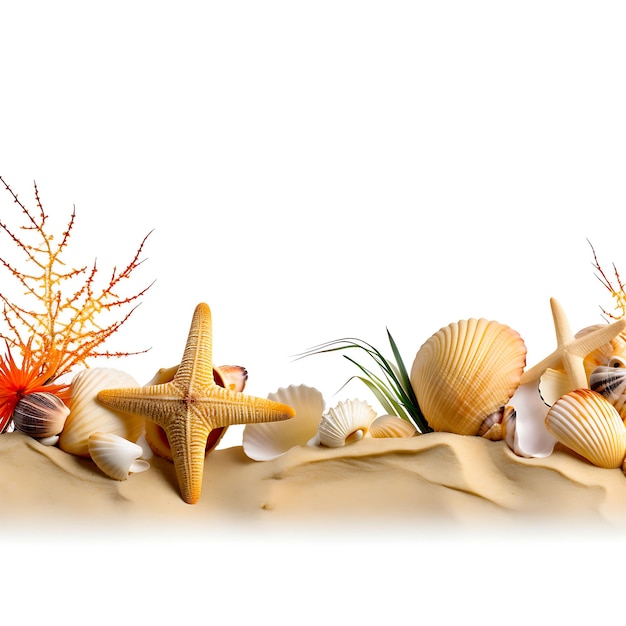 A row of sea shells with a red plant in the background.