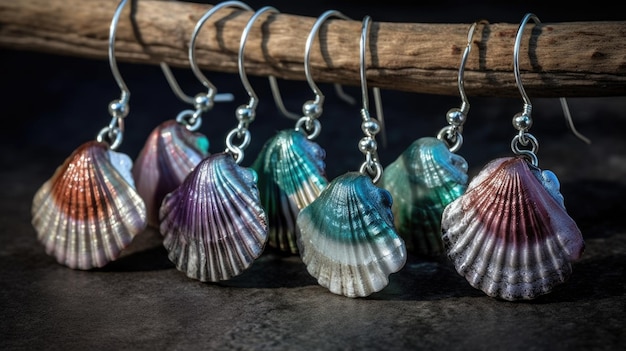 A row of seashells on a wooden stick