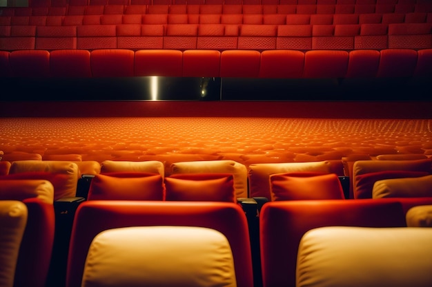 A row of seats in a theater with a red cushion on the floor.