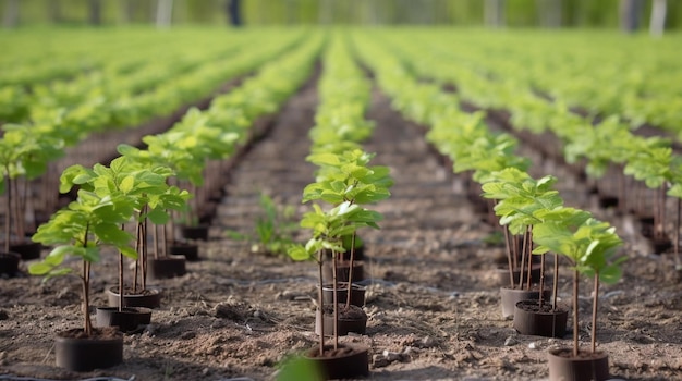 Photo a row of seedlings in a field