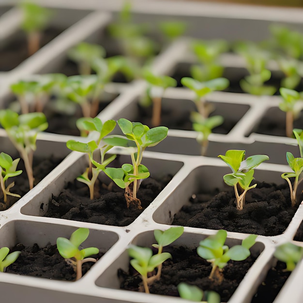 a row of seedlings of plants with a white plastic container that says quot plant quot