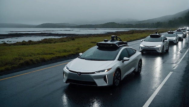 Photo a row of self driving cars on a wet road