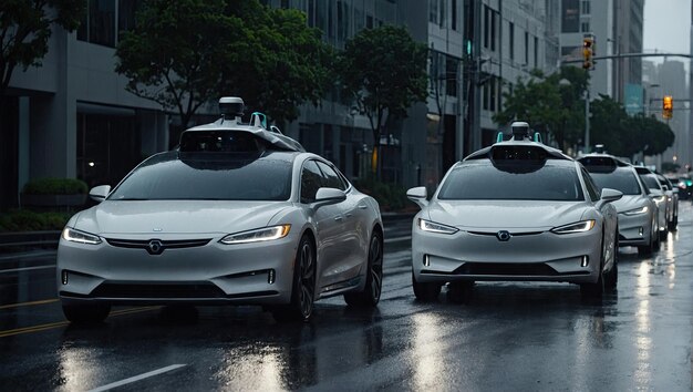 a row of self driving cars on a wet road