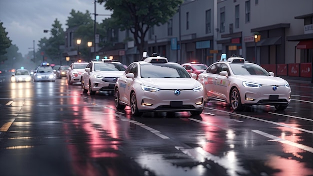 A row of self driving cars on a wet road