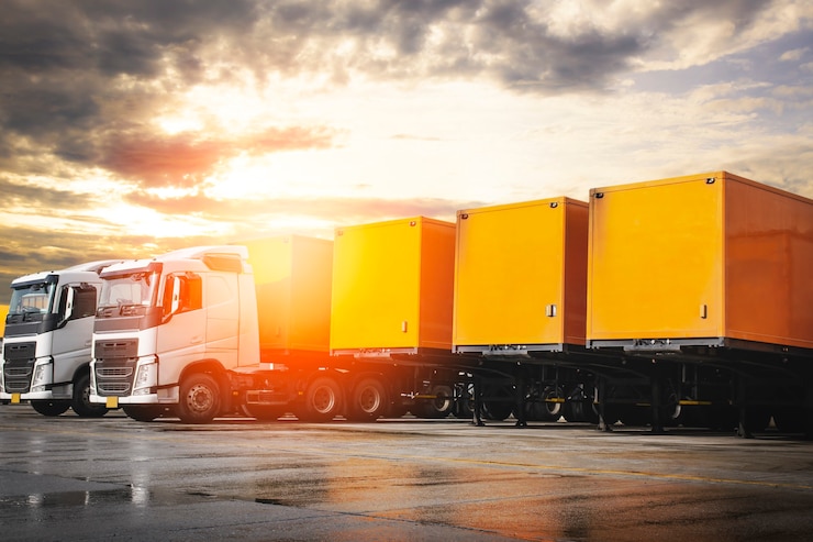 Фотография ряд полуприцепов контейнеровозов на стоянке в sunset sky industry road freight truck logistics