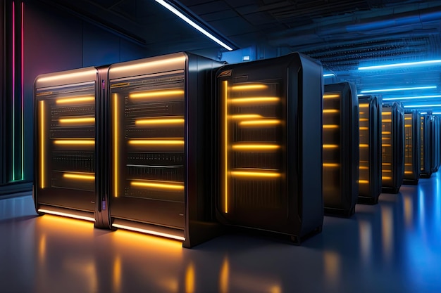 A row of server racks with orange lights that are lit up.