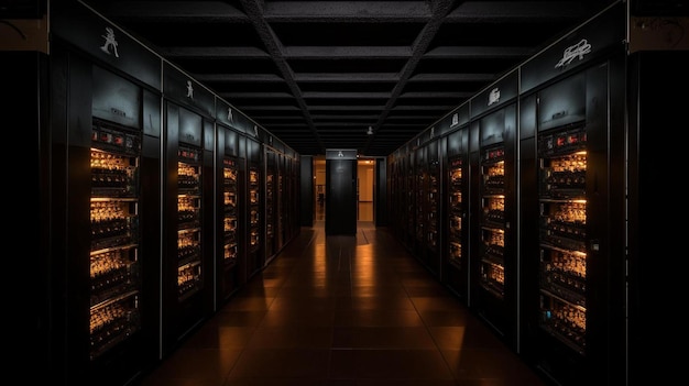 a row of servers in a dark room