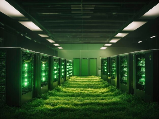 Photo a row of servers in a room with grass on the floor and lights on