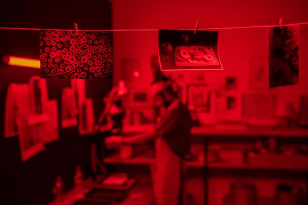 Row of several wet developed photos hanging on thread in dark laboratory