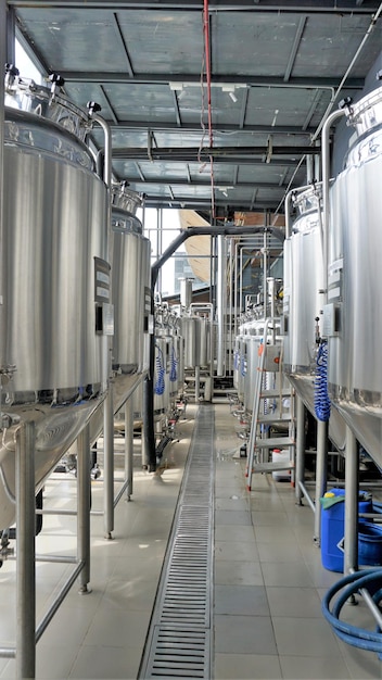 Row of shiny metal micro brewery tanks or fermentation mash\
vats in brewery factory