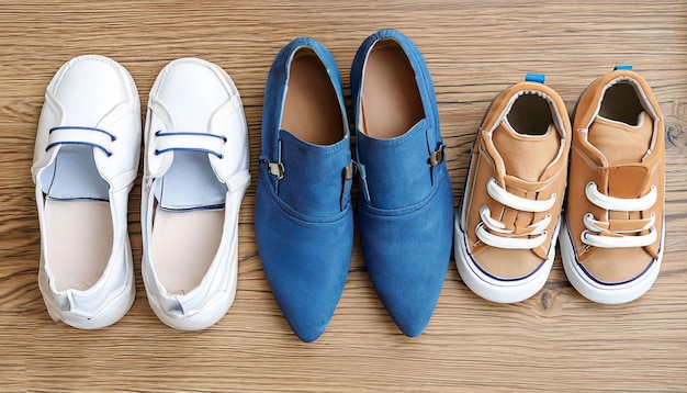 A row of shoes, one of which is blue and the other is blue.