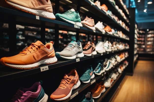 Row of shoes in store with rack of shoes in the background Generative AI