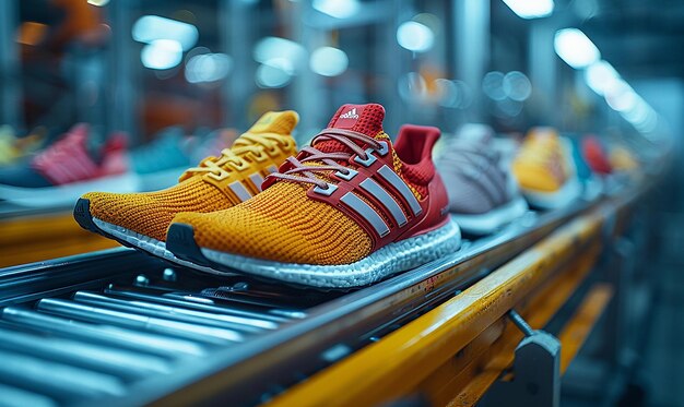 Photo a row of shoes with orange and yellow stripes are lined up on a conveyor belt