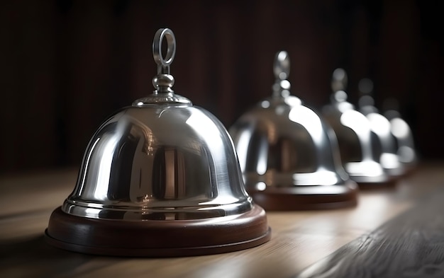 A row of silver plates with a silver lid are lined up on a wooden table.