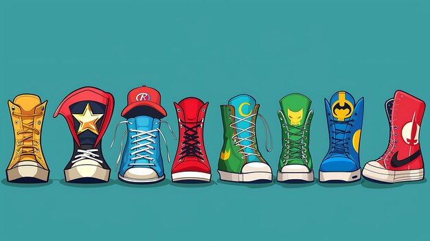 Photo a row of six different colored sneakers the sneakers are all untied and have different colored laces and soles