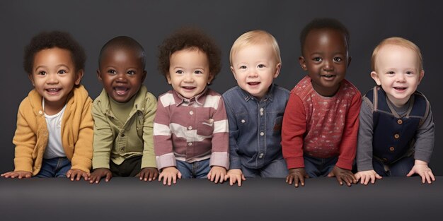 Photo row of six multi ethnic babies smiling in studio