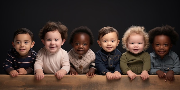 Photo row of six multi ethnic babies smiling in studio