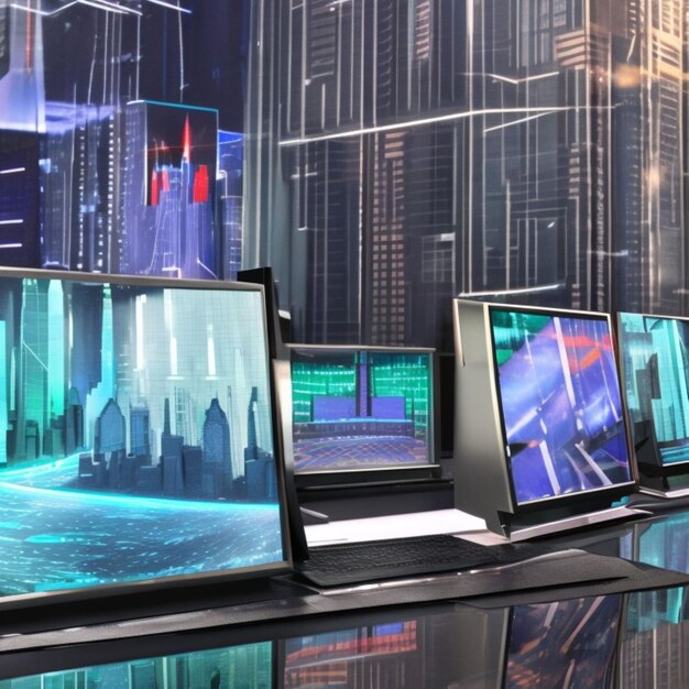 Photo a row of sleek metallic computer monitors with holographic displays each one showcasing