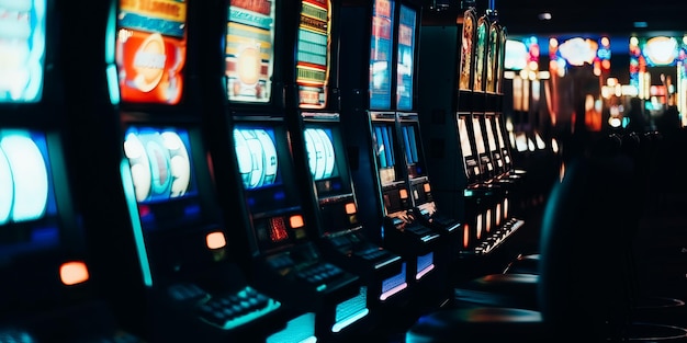 A row of slot machines in a casino