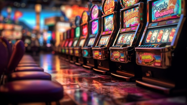 A row of slot machines in a casino