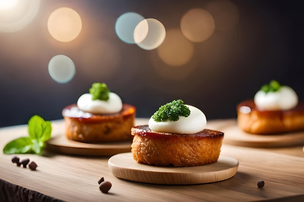 A row of small appetizers with a poached egg on top