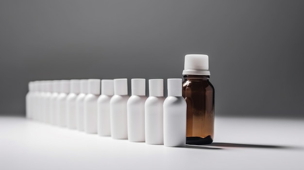 A row of small bottles with one that says'essential oil'on it