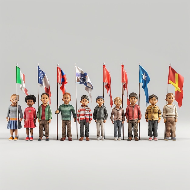 a row of small children standing next to a row of flags