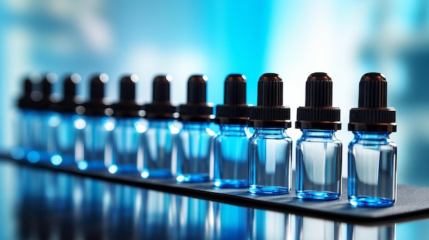 A row of small glass vials with black dropper caps The bottles are transparent and empty arranged in a row a laboratory with scientific equipment generative ai