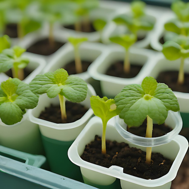 a row of small green plants with a small plastic container that says  sprouts