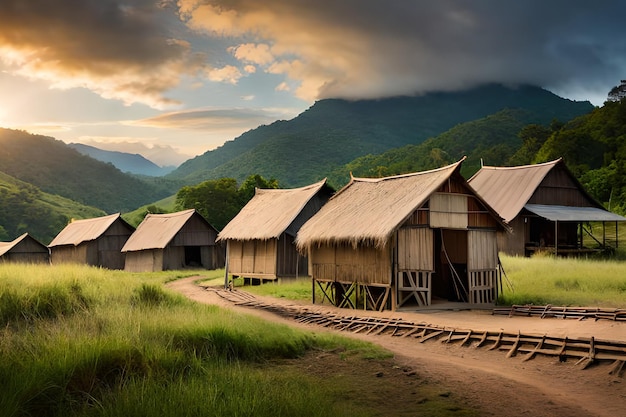 A row of small houses with a mountain in the background