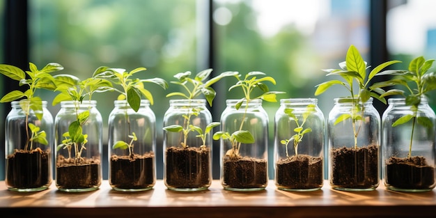 テーブル上のガラスの容器の中の小さな植物の列