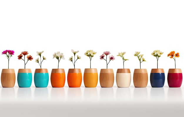 Photo a row of small wooden pots that contain flowers
