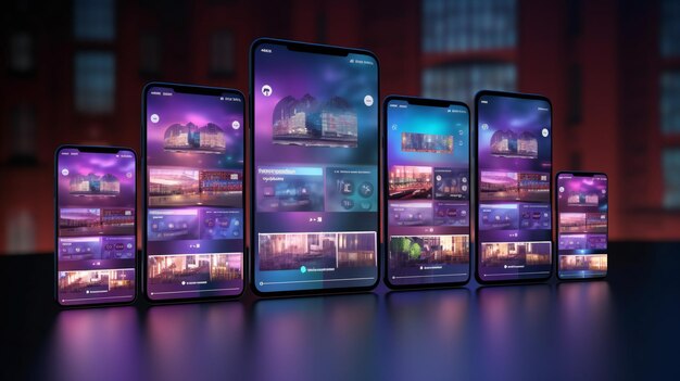 A row of smartphones with a screen showing a screen that says'app '