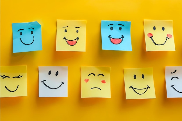 A row of smiley faces are written on yellow sticky notes