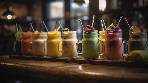 A row of smoothies with straws on top of them