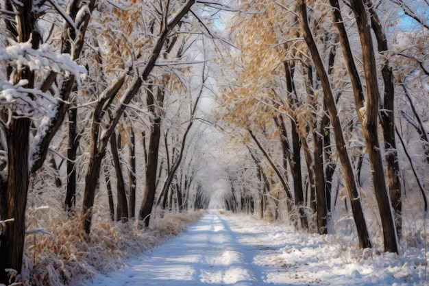 Row of snowdusted trees lining a path created with generative ai