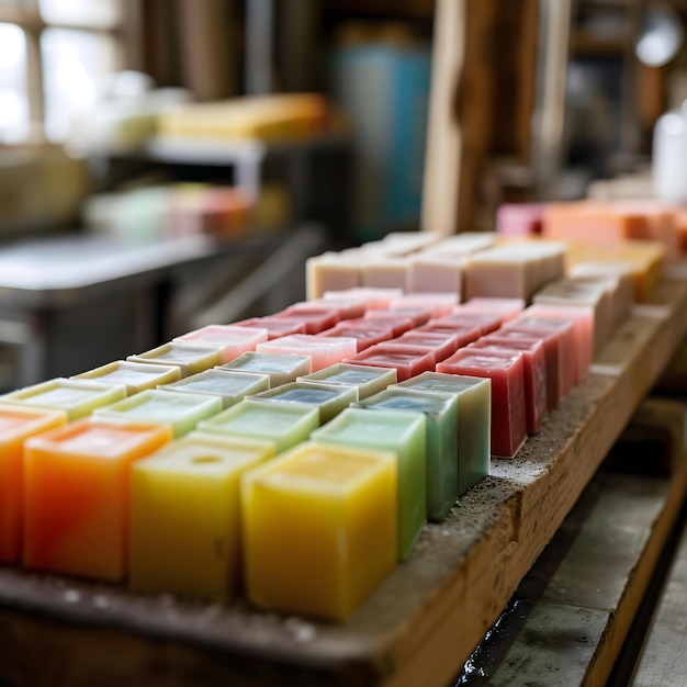 a row of soap bars sitting on top of a wooden table