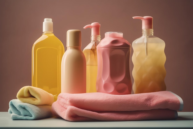 A row of soap bottles with different colors and one that says'soap'on it