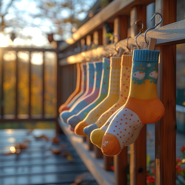 A row of socks hanging from a wooden rail outside a house with a deck in the background and a wooden