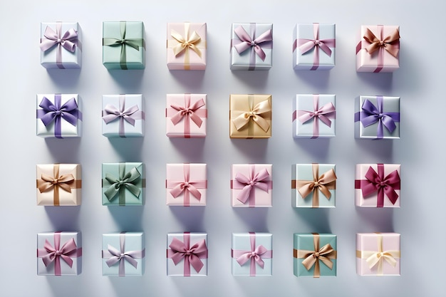 Row of soft pastel colorful gift boxes view from above