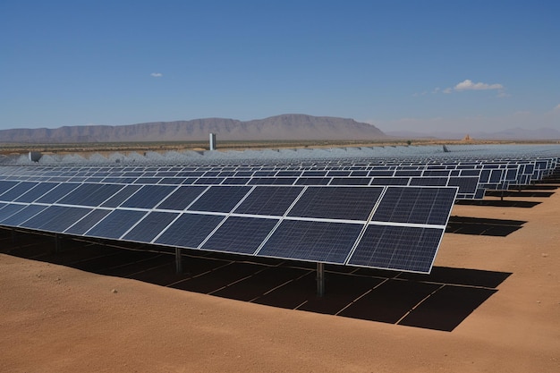 A row of solar panels on a desert floor.