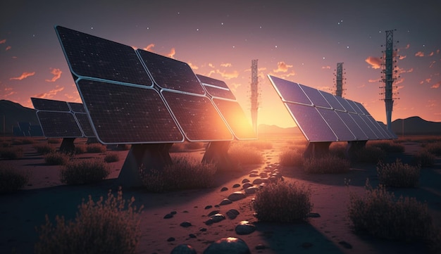 Photo a row of solar panels in a desert with the sun setting behind them.