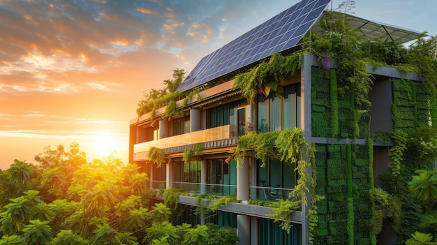A row of solar panels on the side of a building at sunset aig
