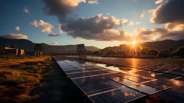 A row of solar panels standing tall against the backdrop of a colorful sunset