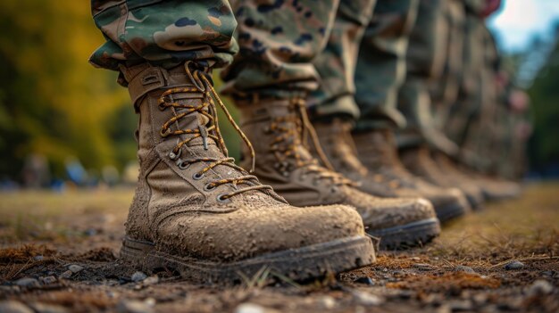 Row of Soldiers Standing at Attention in Camouflage Uniforms During Daylight Training Exercise