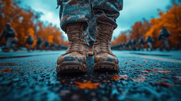 Row of Soldiers Standing at Attention in Camouflage Uniforms During Daylight Training Exercise